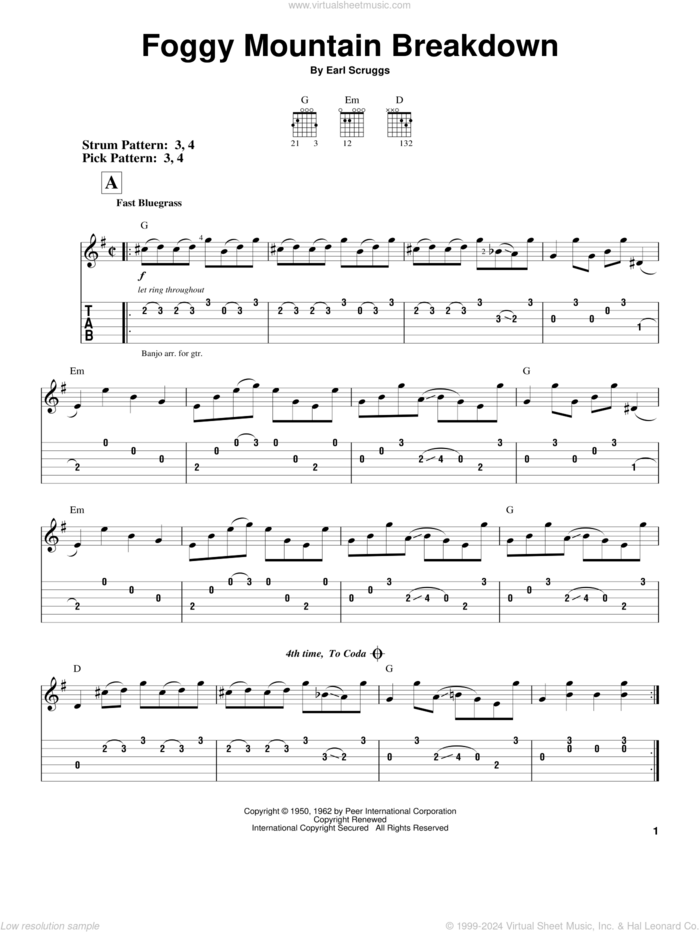 Foggy Mountain Breakdown sheet music for guitar solo (easy tablature) by Flatt & Scruggs, Lester Flatt and Earl Scruggs, easy guitar (easy tablature)