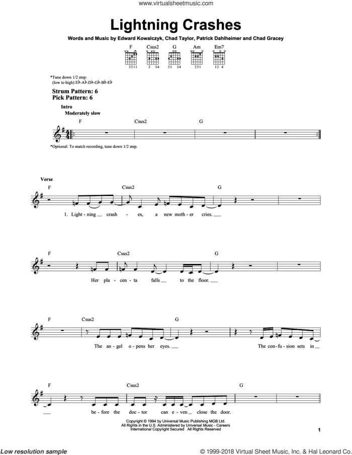 Lightning Crashes sheet music for guitar solo (chords) by Live, Chad Gracey, Chad Taylor, Edward Kowalczyk and Patrick Dahlheimer, easy guitar (chords)
