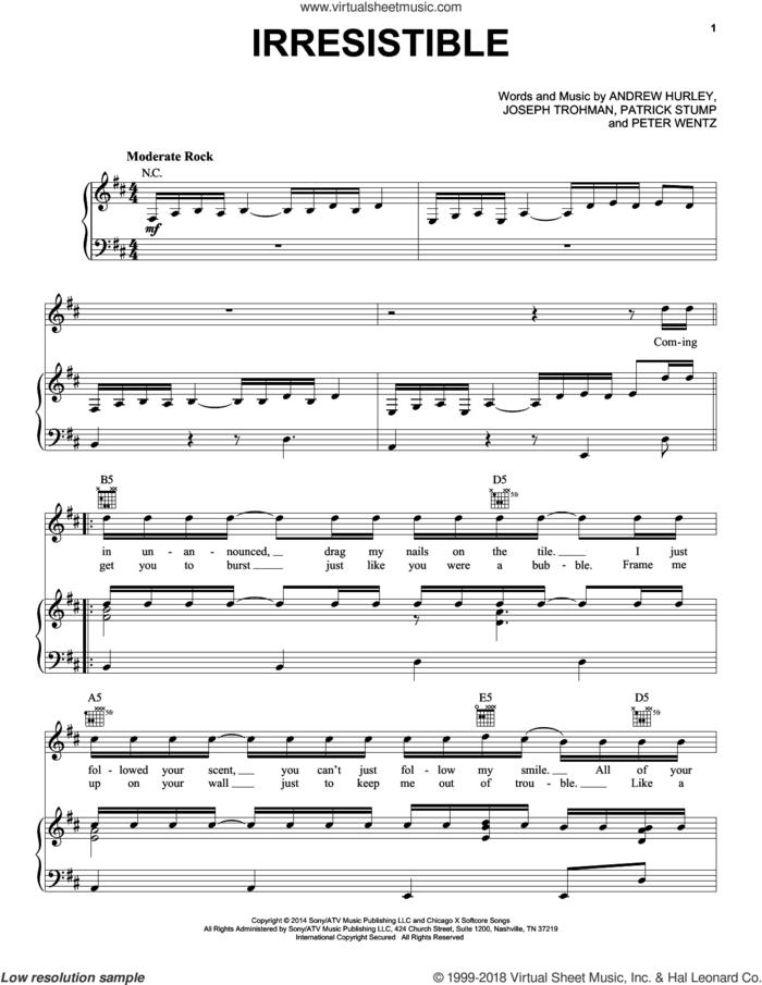 Irresistible sheet music for voice, piano or guitar by Fall Out Boy, Andrew Hurley, Joseph Trohman, Patrick Stump and Peter Wentz, intermediate skill level