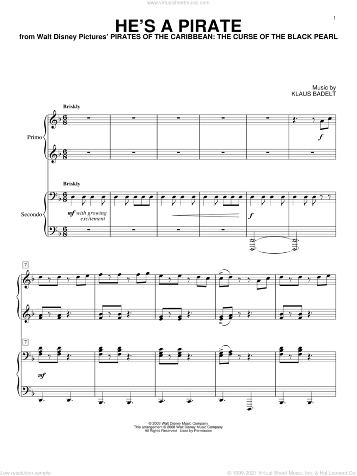 He's A Pirate (from Pirates Of The Caribbean: The Curse of the Black Pearl) sheet music for piano four hands by Klaus Badelt, classical score, intermediate skill level