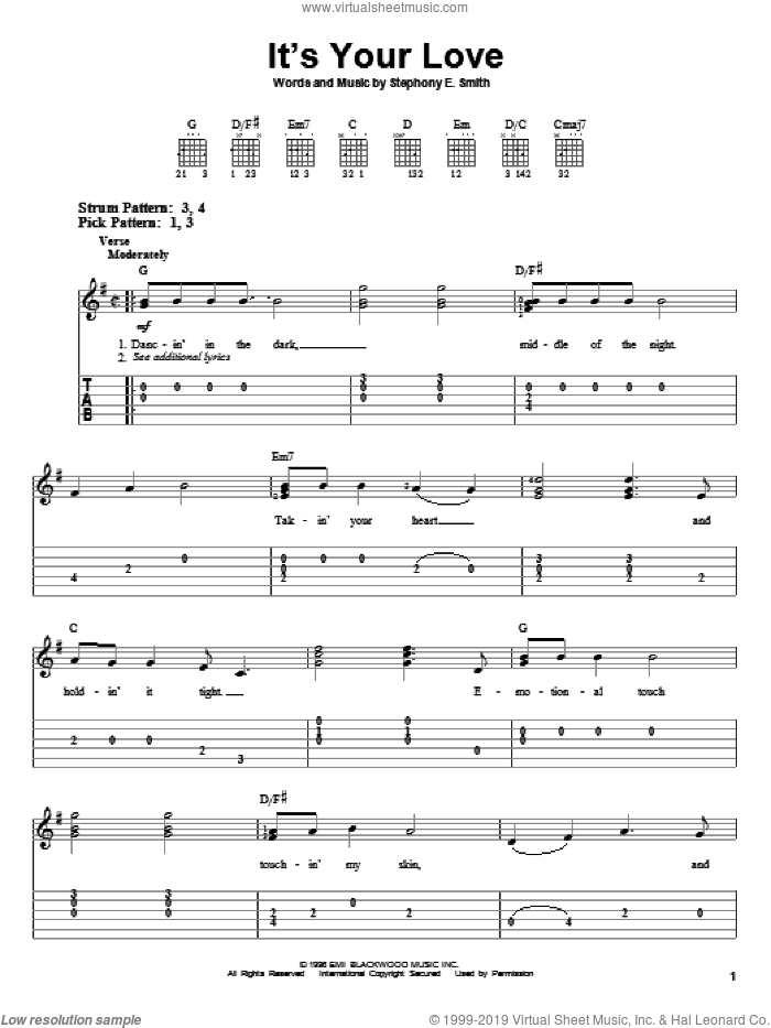 It's Your Love sheet music for guitar solo (easy tablature) by Faith Hill with Tim McGraw, Faith Hill, Tim McGraw and Stephony E. Smith, wedding score, easy guitar (easy tablature)