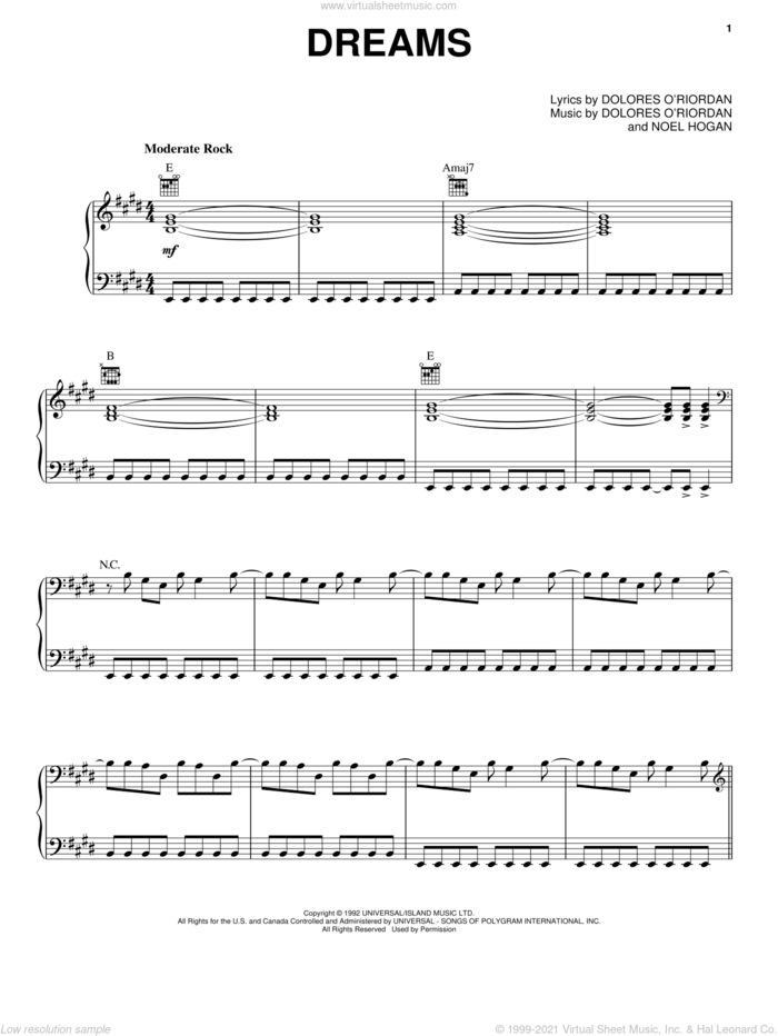 Dreams sheet music for voice, piano or guitar by The Cranberries and Noel Hogan, intermediate skill level