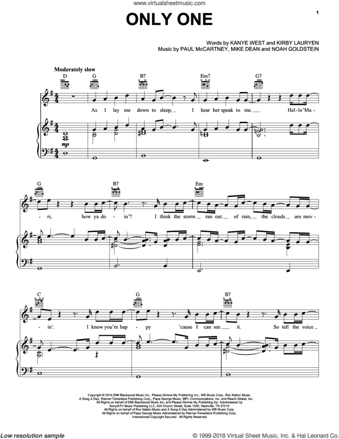 Only One sheet music for voice, piano or guitar by Kanye West feat. Paul McCartney, Kanye West, Kirby Lauryen, Mike Dean, Noah Goldstein and Paul McCartney, intermediate skill level