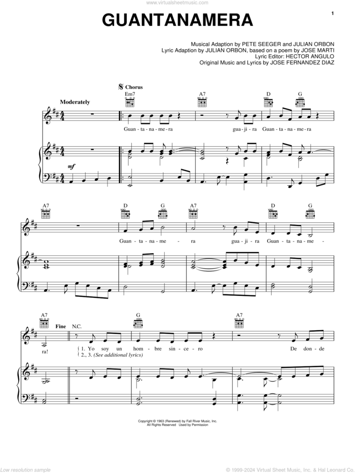 Guantanamera sheet music for voice, piano or guitar by Pete Seeger, Hector Angulo, Jose Fernandez Diaz, Jose Fernandez Diaz and Julian Orbon, intermediate skill level