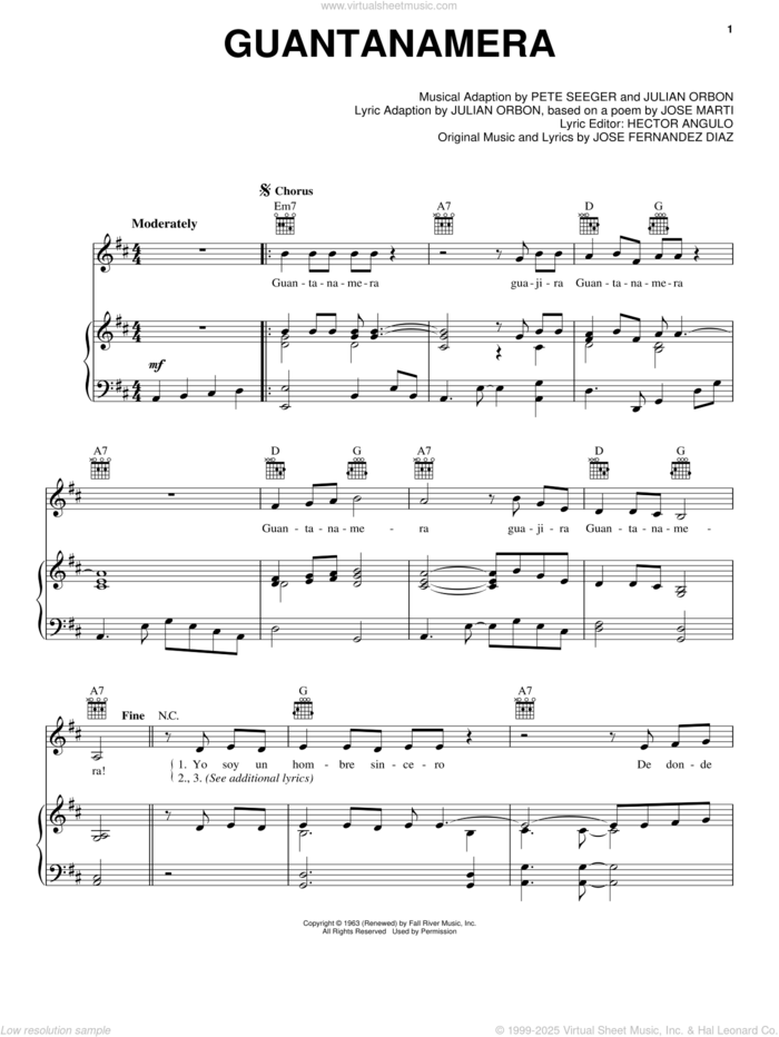 Guantanamera sheet music for voice, piano or guitar by Pete Seeger, Hector Angulo, Jose Fernandez Diaz, Jose Fernandez Diaz and Julian Orbon, intermediate skill level