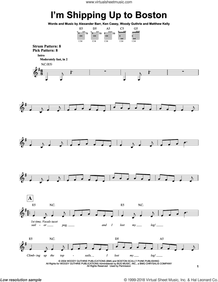 I'm Shipping Up To Boston sheet music for guitar solo (chords) by Dropkick Murphys, Alexander Barr, Ken Casey, Matthew Kelly and Woody Guthrie, easy guitar (chords)