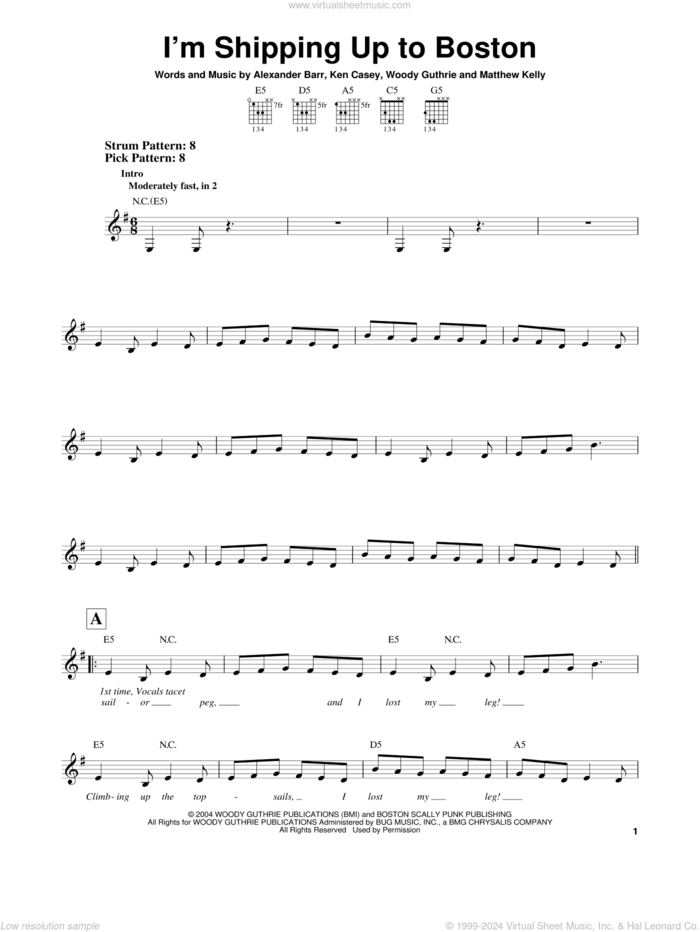 I'm Shipping Up To Boston sheet music for guitar solo (chords) by Dropkick Murphys, Alexander Barr, Ken Casey, Matthew Kelly and Woody Guthrie, easy guitar (chords)