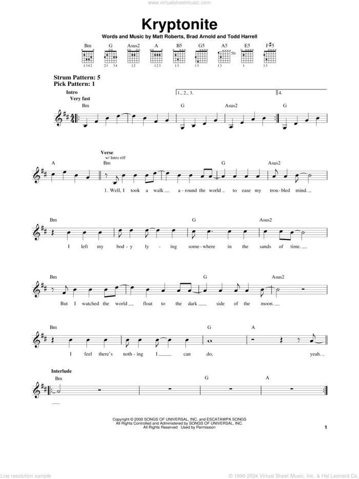 Kryptonite sheet music for guitar solo (chords) by 3 Doors Down, Brad Arnold, Matt Roberts and Todd Harrell, easy guitar (chords)