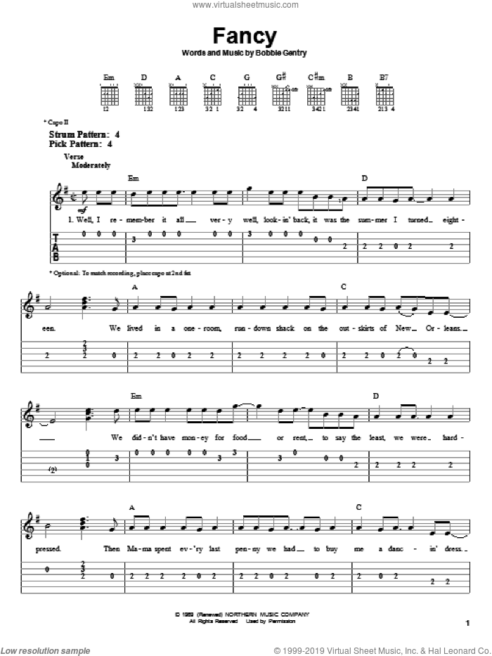 Fancy sheet music for guitar solo (easy tablature) by Reba McEntire and Bobbie Gentry, easy guitar (easy tablature)