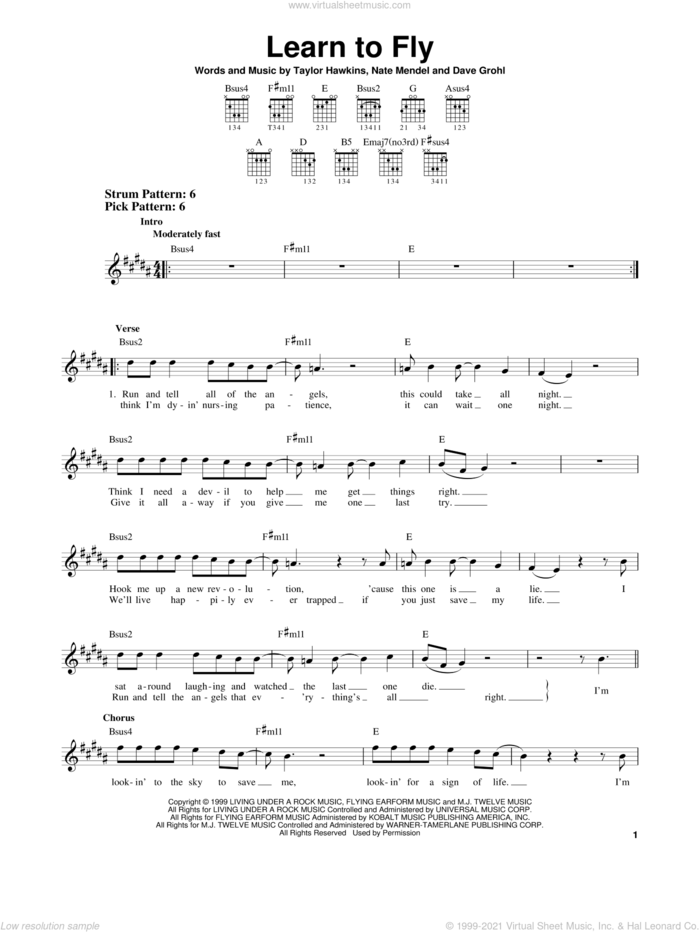 Learn To Fly sheet music for guitar solo (chords) by Foo Fighters, Dave Grohl, Nate Mendel and Taylor Hawkins, easy guitar (chords)