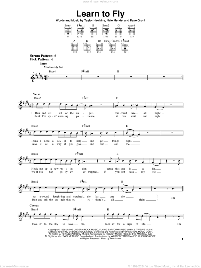 Learn To Fly sheet music for guitar solo (chords) by Foo Fighters, Dave Grohl, Nate Mendel and Taylor Hawkins, easy guitar (chords)