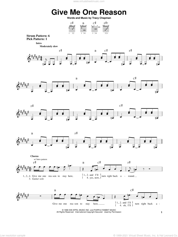 Give Me One Reason sheet music for guitar solo (chords) by Tracy Chapman, easy guitar (chords)