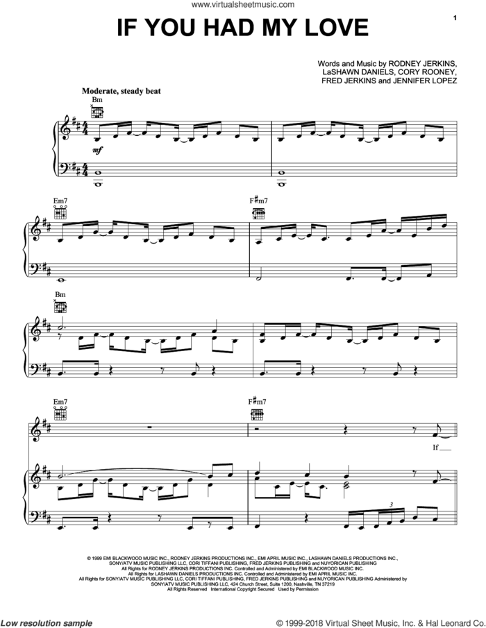 If You Had My Love sheet music for voice, piano or guitar by Jennifer Lopez, Cory Rooney, Fred Jerkins, LaShawn Daniels and Rodney Jerkins, intermediate skill level