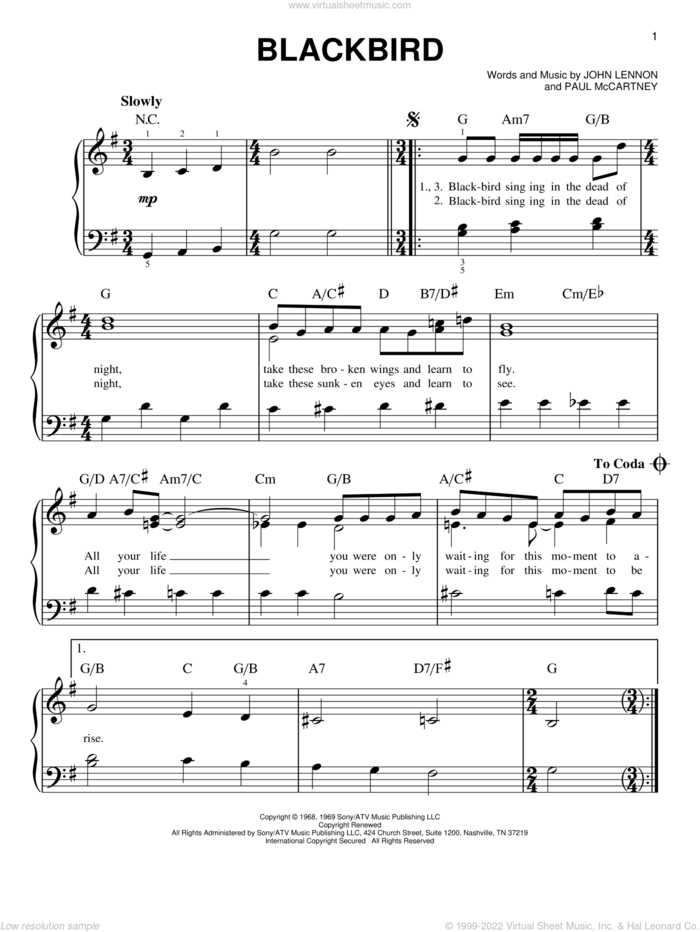 Blackbird, (beginner) sheet music for piano solo by The Beatles, Wings, John Lennon and Paul McCartney, beginner skill level