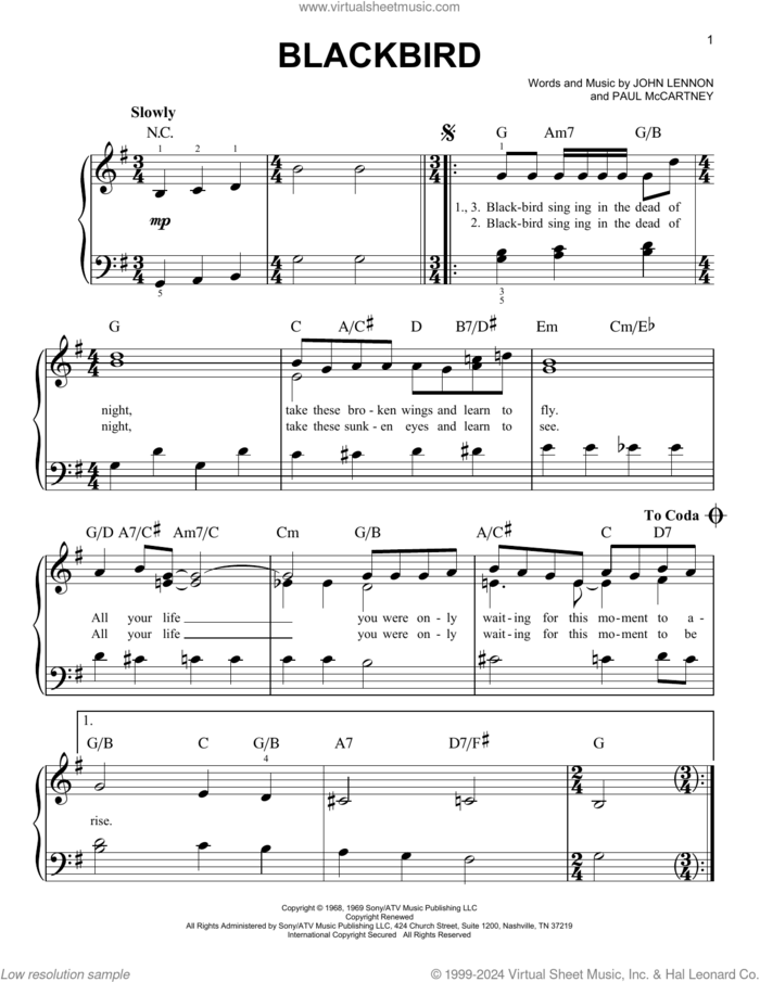 Blackbird sheet music for piano solo by The Beatles, Wings, John Lennon and Paul McCartney, beginner skill level