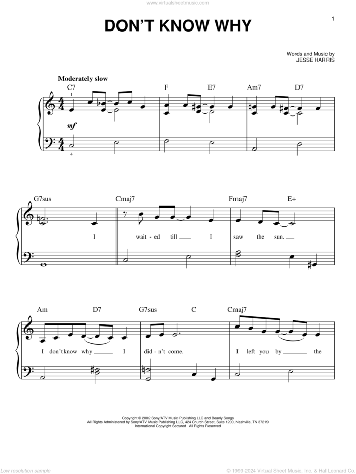 Don't Know Why sheet music for piano solo by Norah Jones and Jesse Harris, beginner skill level