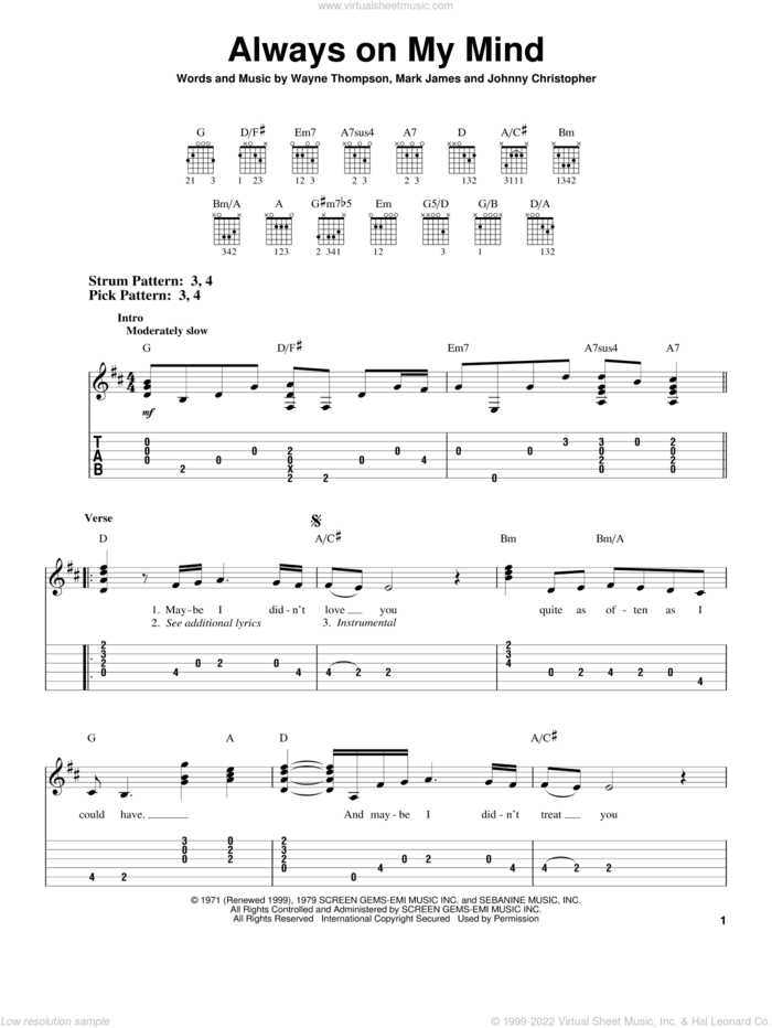 Always On My Mind sheet music for guitar solo (easy tablature) by Willie Nelson, Elvis Presley, Johnny Christopher, Mark James and Wayne Thompson, easy guitar (easy tablature)