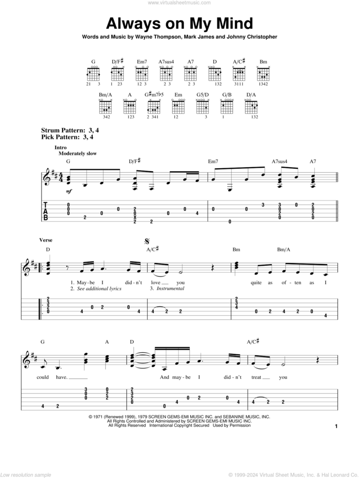 Always On My Mind sheet music for guitar solo (easy tablature) by Willie Nelson, Elvis Presley, Johnny Christopher, Mark James and Wayne Thompson, easy guitar (easy tablature)