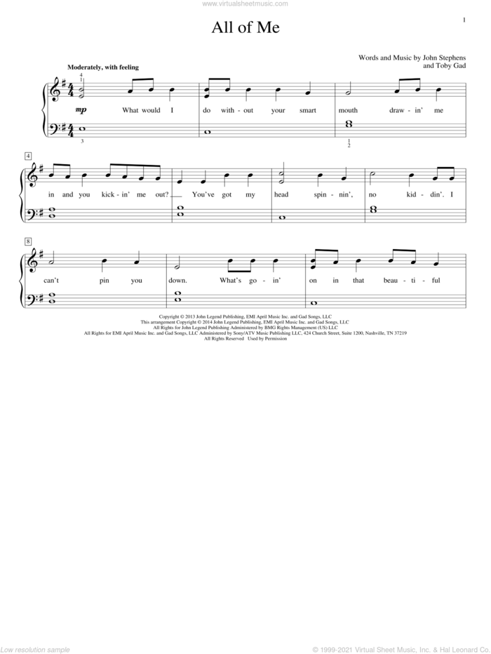 All Of Me sheet music for piano solo (elementary) by John Legend, John Thompson, John Stephens and Toby Gad, wedding score, beginner piano (elementary)