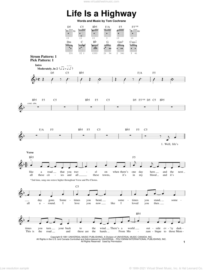 Life Is A Highway sheet music for guitar solo (chords) by Tom Cochrane and Rascal Flatts, easy guitar (chords)