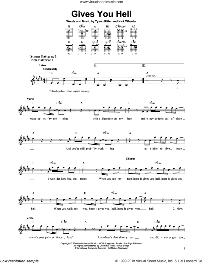 Gives You Hell sheet music for guitar solo (chords) by The All-American Rejects, Nick Wheeler and Tyson Ritter, easy guitar (chords)
