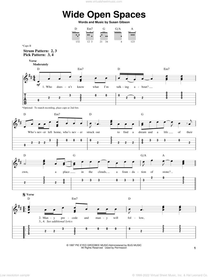 Wide Open Spaces sheet music for guitar solo (easy tablature) by The Chicks, Dixie Chicks and Susan Gibson, easy guitar (easy tablature)