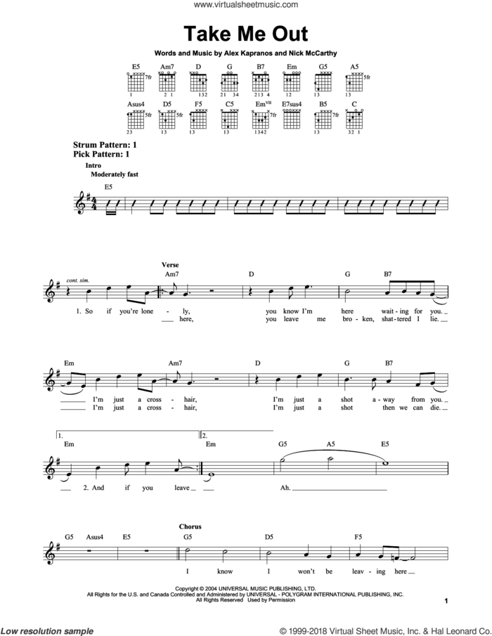 Take Me Out sheet music for guitar solo (chords) by Franz Ferdinand, Alex Kapranos and Nicholas McCarthy, easy guitar (chords)