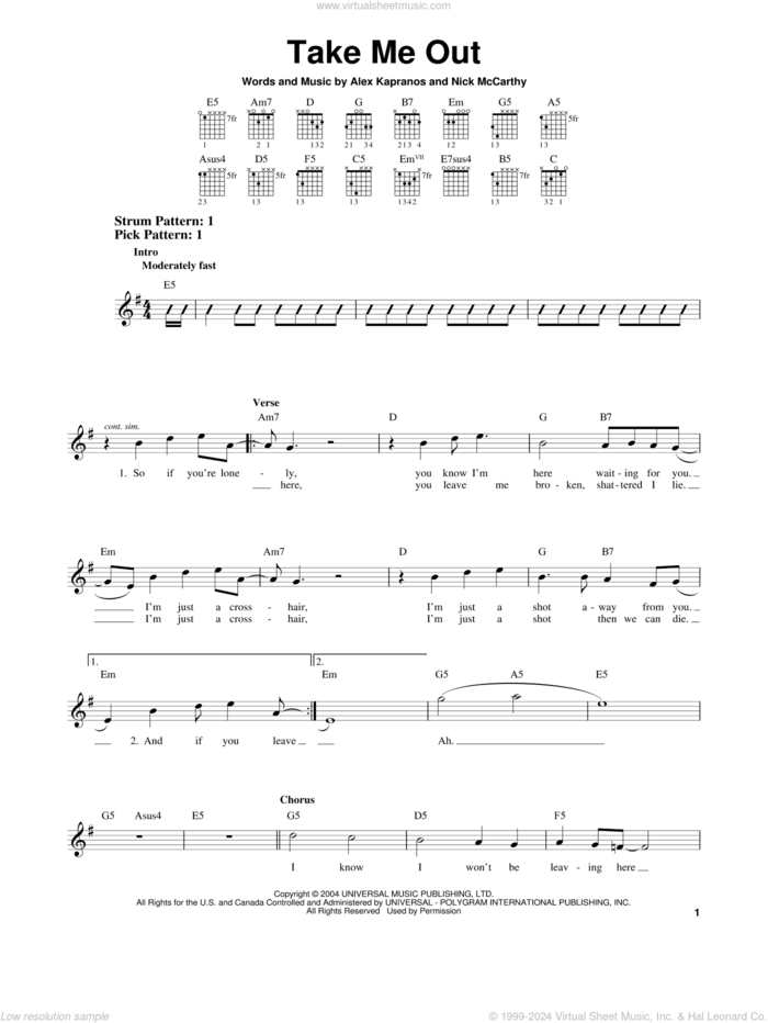 Take Me Out sheet music for guitar solo (chords) by Franz Ferdinand, Alex Kapranos and Nicholas McCarthy, easy guitar (chords)