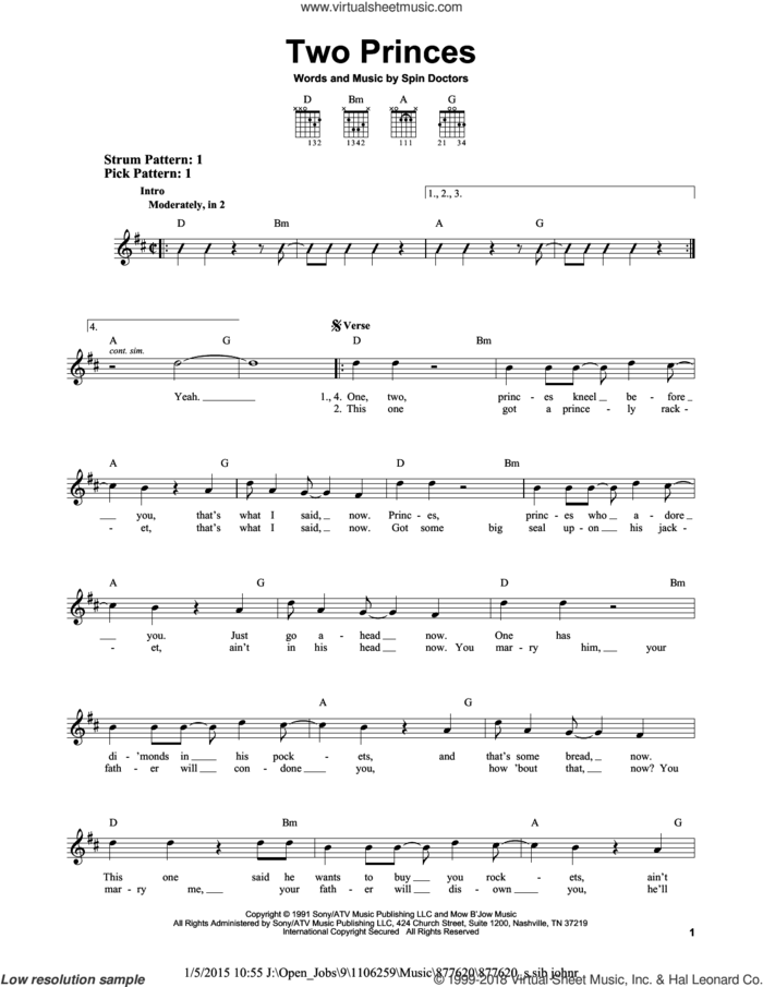 Two Princes sheet music for guitar solo (chords) by Spin Doctors, easy guitar (chords)