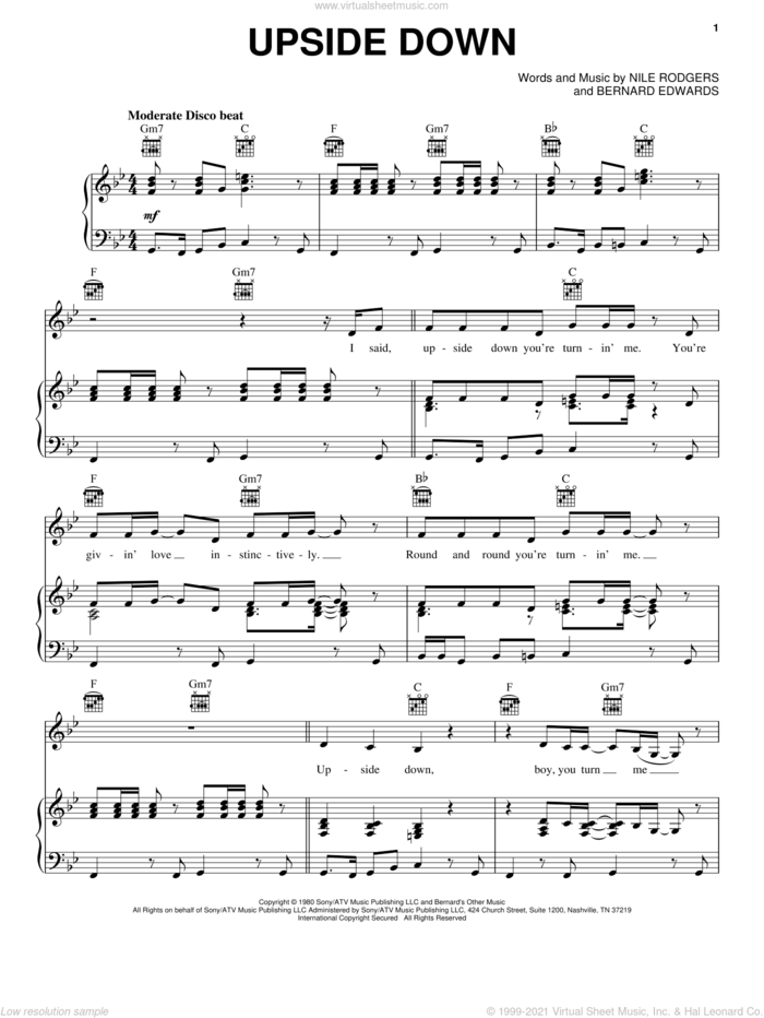 Upside Down sheet music for voice, piano or guitar by Diana Ross, Bernard Edwards and Nile Rodgers, intermediate skill level
