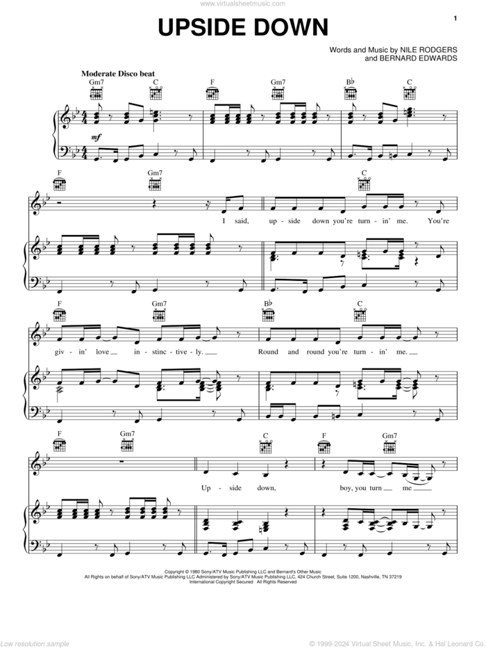 Upside Down sheet music for voice, piano or guitar by Diana Ross, Bernard Edwards and Nile Rodgers, intermediate skill level