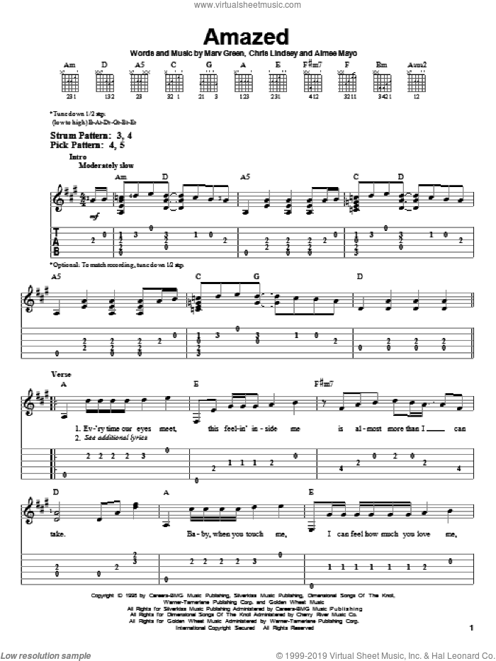 Amazed sheet music for guitar solo (easy tablature) by Lonestar, Aimee Mayo, Chris Lindsey and Marv Green, wedding score, easy guitar (easy tablature)