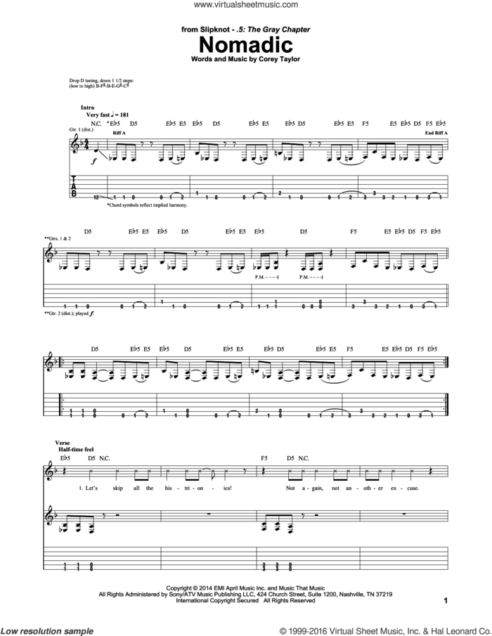 Nomadic sheet music for guitar (tablature) by Slipknot and Corey Taylor, intermediate skill level