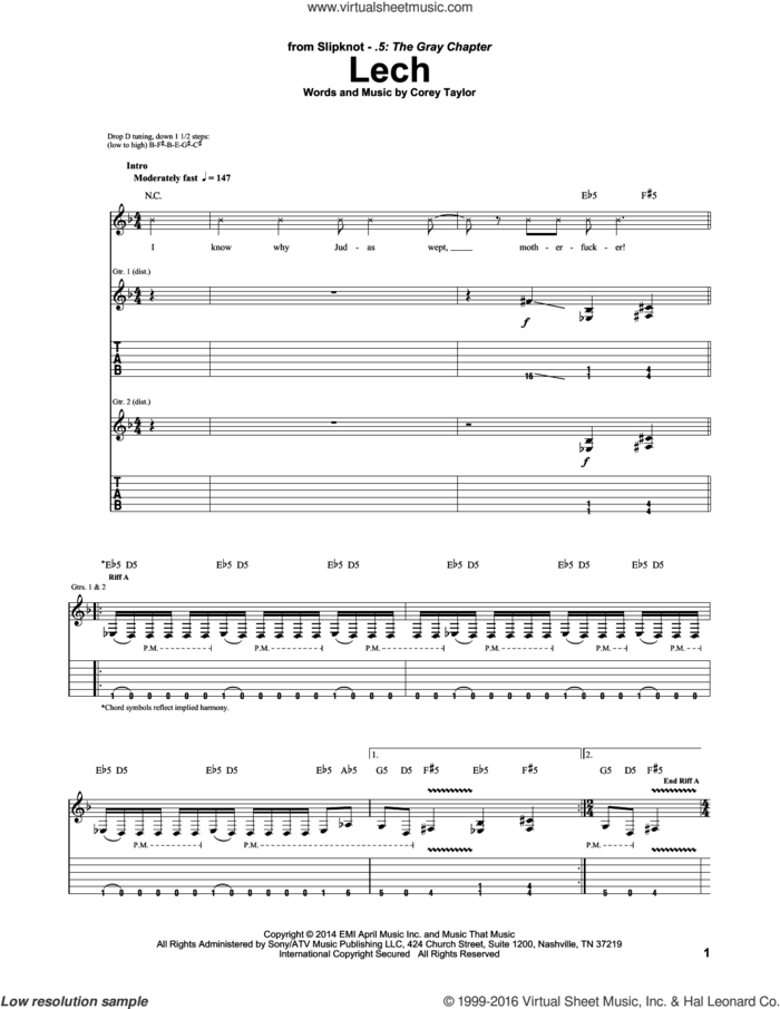 Lech sheet music for guitar (tablature) by Slipknot and Corey Taylor, intermediate skill level