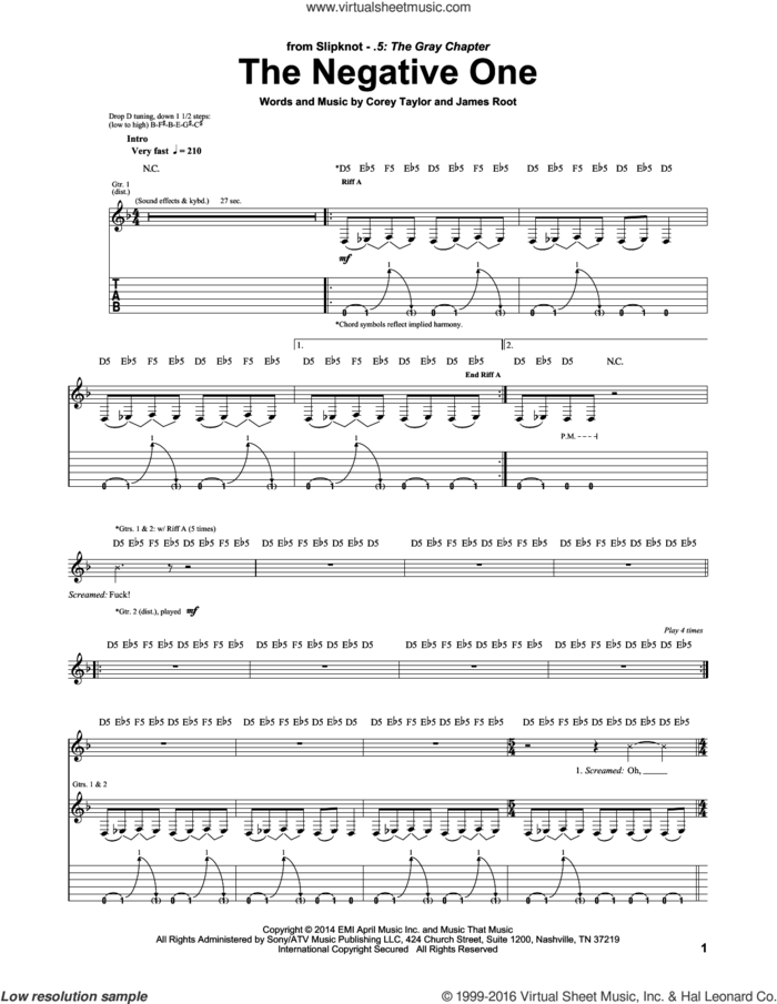 The Negative One sheet music for guitar (tablature) by Slipknot, Corey Taylor and James Root, intermediate skill level