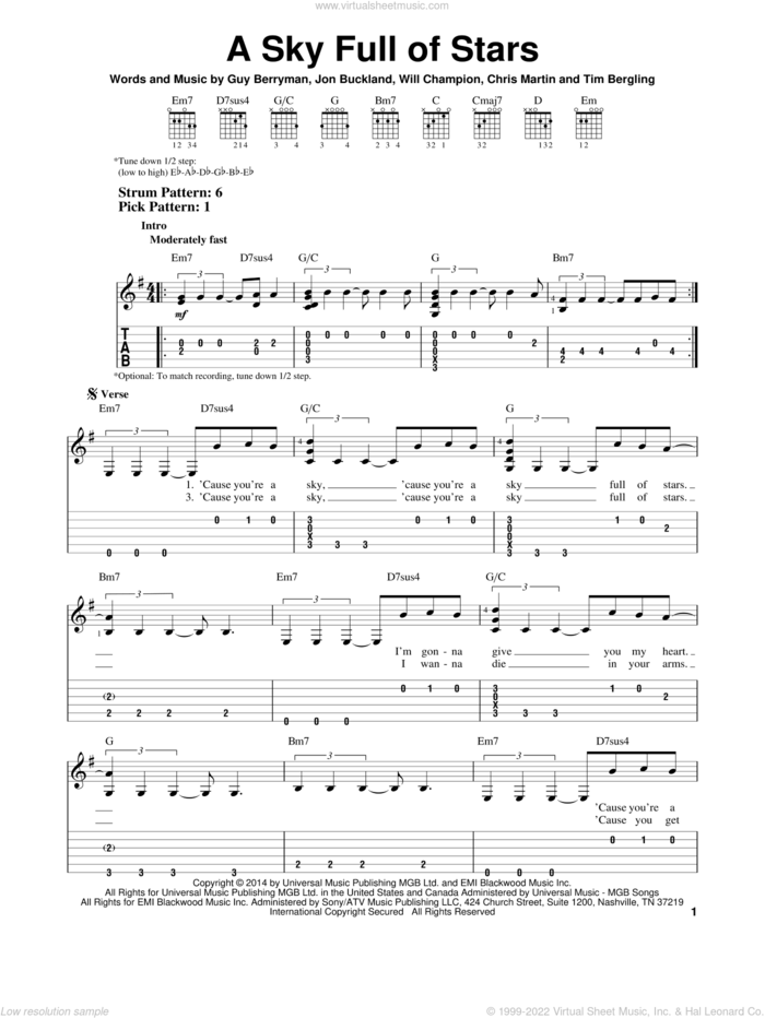 A Sky Full Of Stars sheet music for guitar solo (easy tablature) by Coldplay, Chris Martin, Guy Berryman, Jon Buckland, Tim Bergling and Will Champion, easy guitar (easy tablature)