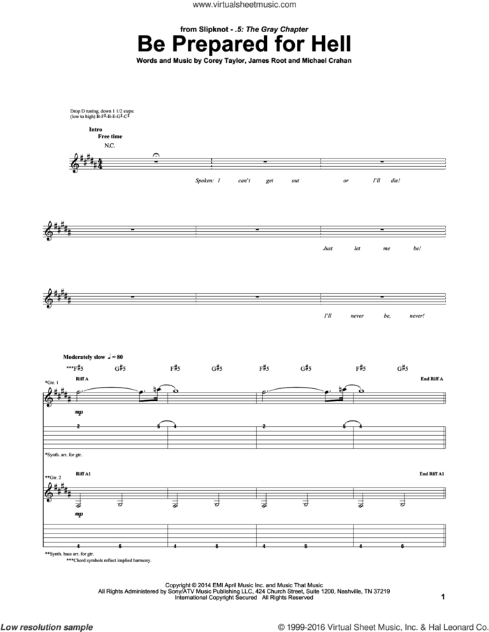 Be Prepared For Hell sheet music for guitar (tablature) by Slipknot, Corey Taylor, James Root and Michael Crahan, intermediate skill level