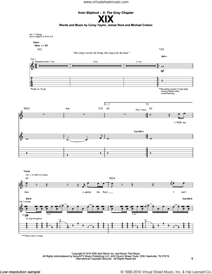 XIX sheet music for guitar (tablature) by Slipknot, Corey Taylor, James Root and Michael Crahan, intermediate skill level
