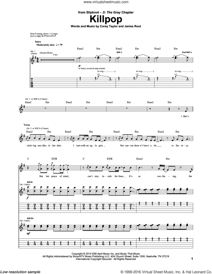 Killpop sheet music for guitar (tablature) by Slipknot, Corey Taylor and James Root, intermediate skill level