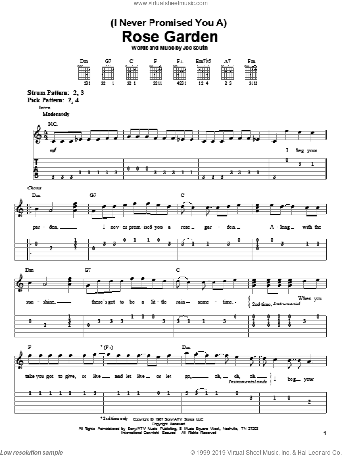 Rose Garden sheet music for guitar solo (easy tablature) by Lynn Anderson and Joe South, easy guitar (easy tablature)