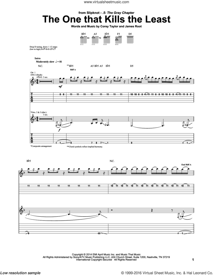 The One That Kills The Least sheet music for guitar (tablature) by Slipknot, Corey Taylor and James Root, intermediate skill level