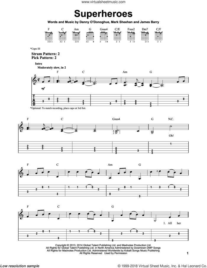 Superheroes sheet music for guitar solo (easy tablature) by The Script, James Barry and Mark Sheehan, easy guitar (easy tablature)
