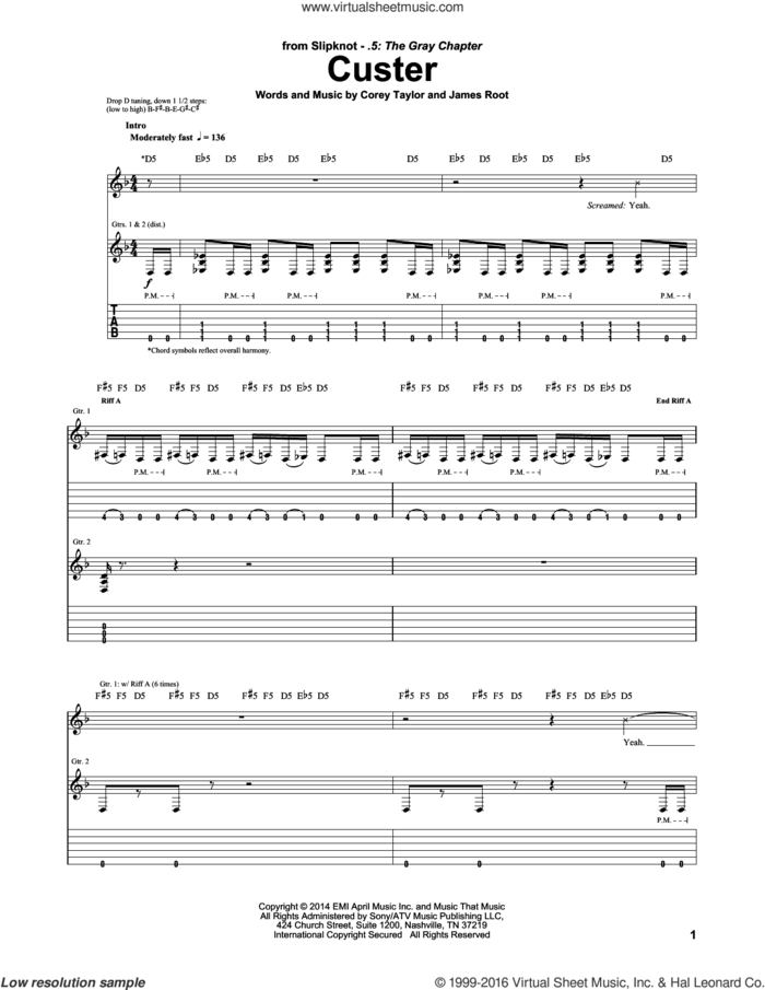 Custer sheet music for guitar (tablature) by Slipknot, Corey Taylor and James Root, intermediate skill level