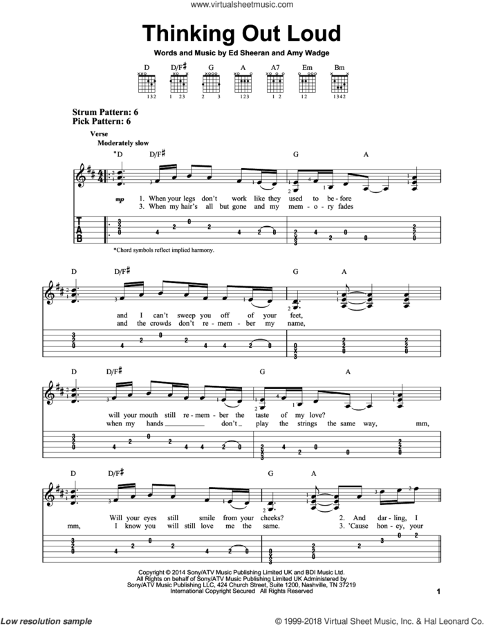 Thinking Out Loud sheet music for guitar solo (easy tablature) by Ed Sheeran and Amy Wadge, wedding score, easy guitar (easy tablature)