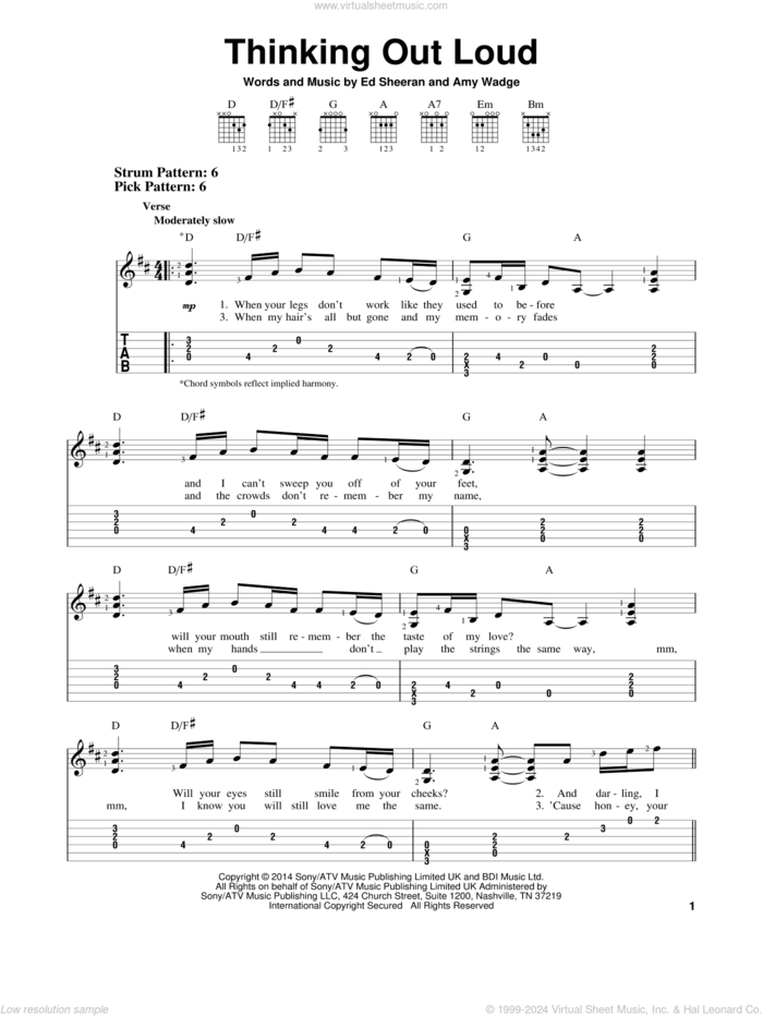 Thinking Out Loud sheet music for guitar solo (easy tablature) by Ed Sheeran and Amy Wadge, wedding score, easy guitar (easy tablature)