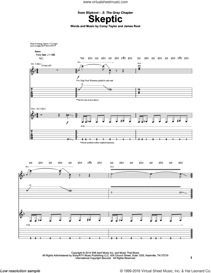 Skeptic sheet music for guitar (tablature) by Slipknot, Corey Taylor and James Root, intermediate skill level