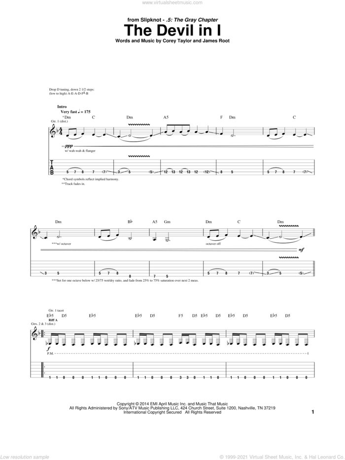 The Devil In I sheet music for guitar (tablature) by Slipknot, Corey Taylor and James Root, intermediate skill level