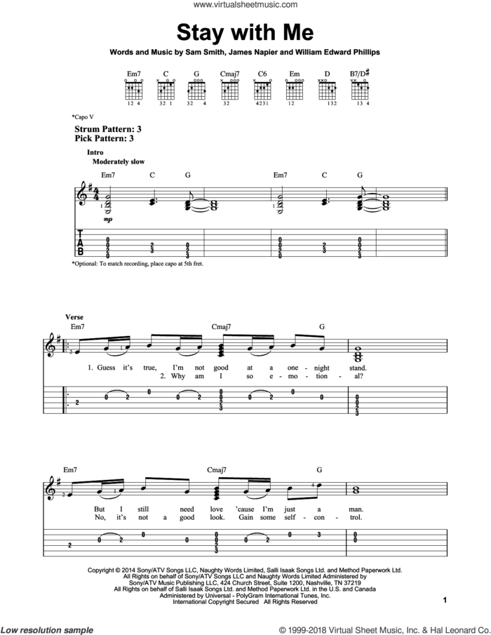 Stay With Me sheet music for guitar solo (easy tablature) by Sam Smith, James Napier and William Edward Phillips, easy guitar (easy tablature)