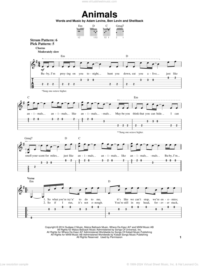 Animals sheet music for guitar solo (easy tablature) by Maroon 5, Adam Levine, Benjamin Levin and Shellback, easy guitar (easy tablature)