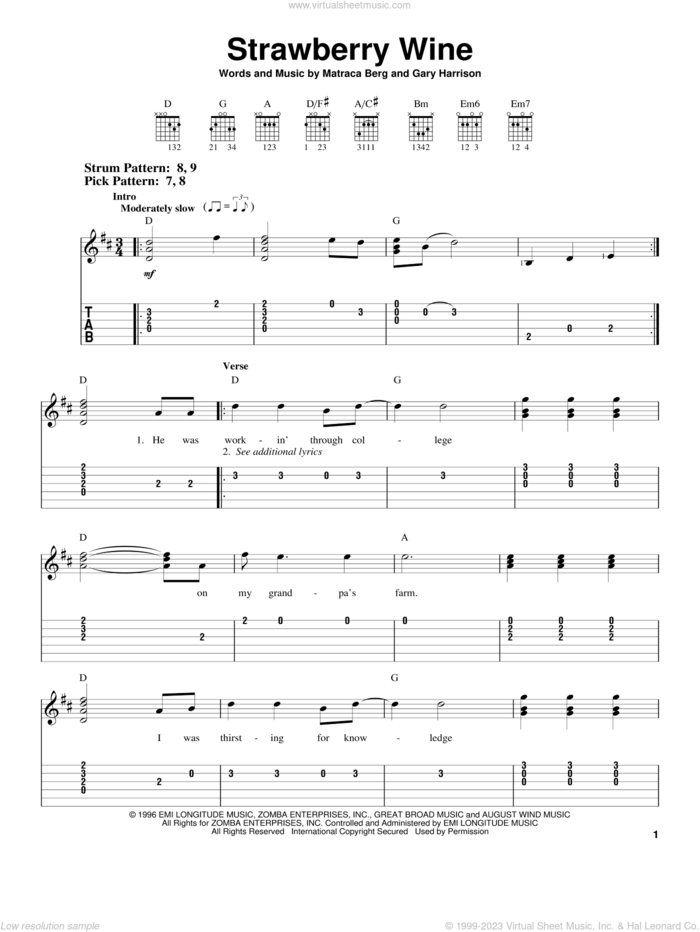 Strawberry Wine sheet music for guitar solo (easy tablature) by Deana Carter, Gary Harrison and Matraca Berg, easy guitar (easy tablature)